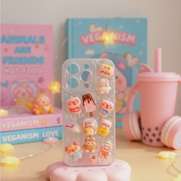 Accessories - Cute Kawaii Pig 3D Decoden Clear Phone Case - Pink Accents Handmade